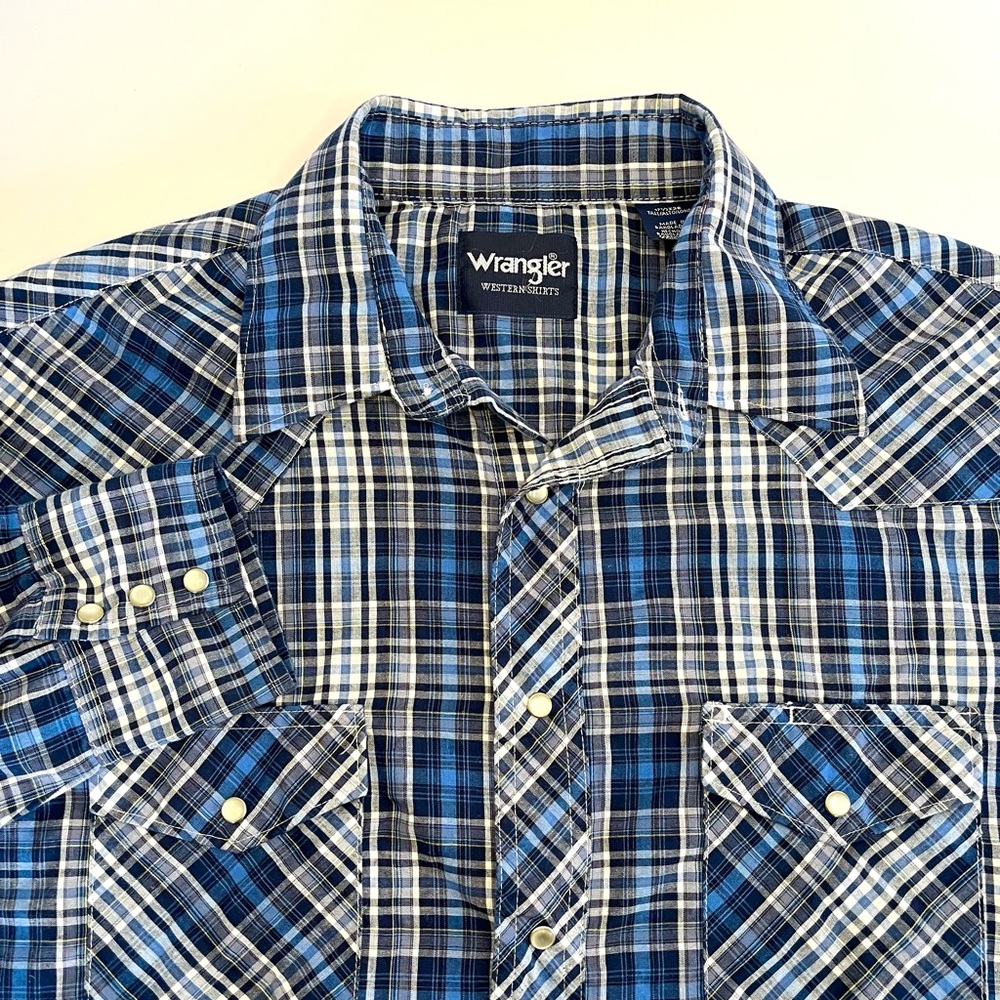 Wrangler Mens Size 17.5 Tall Western Pearl Snap Long Sleeve Shirt Blue Plaid